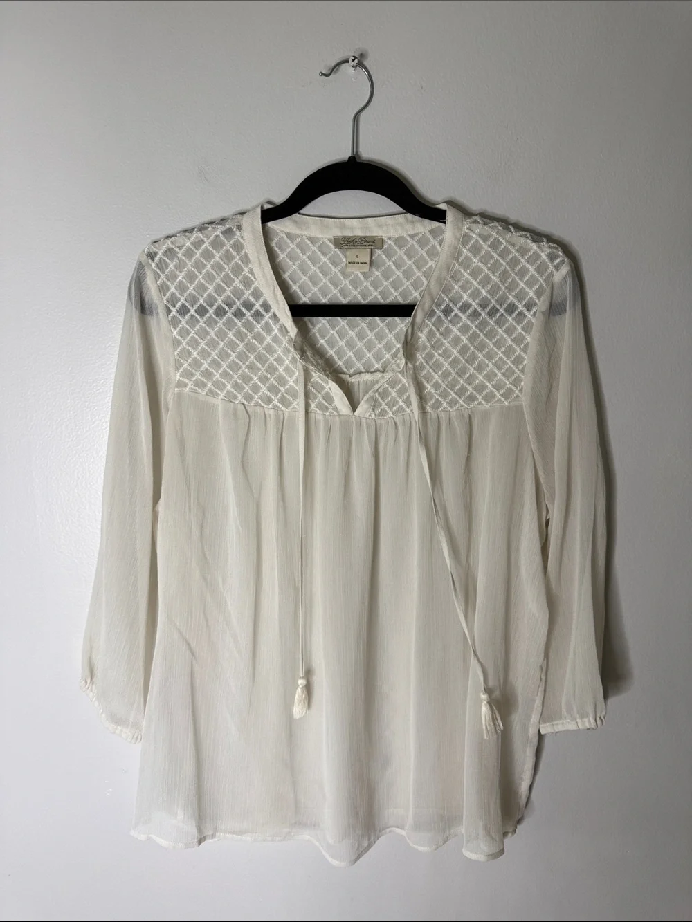 Lucky Brand Cream Embroidered Tie-Front Blouse Size Large
